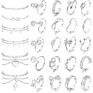 26Pcs Toe Rings and Ankle Bracelets for Women Silver Gold Plated Anklet Toe Ring